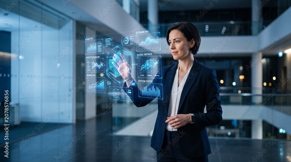 Fototapeta premium Human interacting with futuristic AI interface hologram, clean business environment, ultra realistic, soft blue lighting, isolated background, copy space, high tech concept, 8k