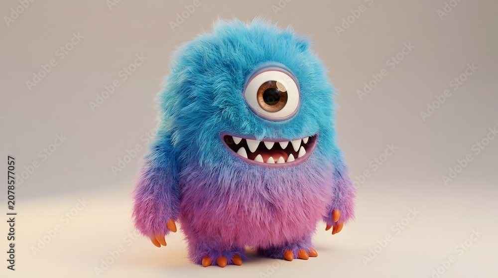 Fototapeta premium Cute fluffy oneeyed monster character with blue and purple fur