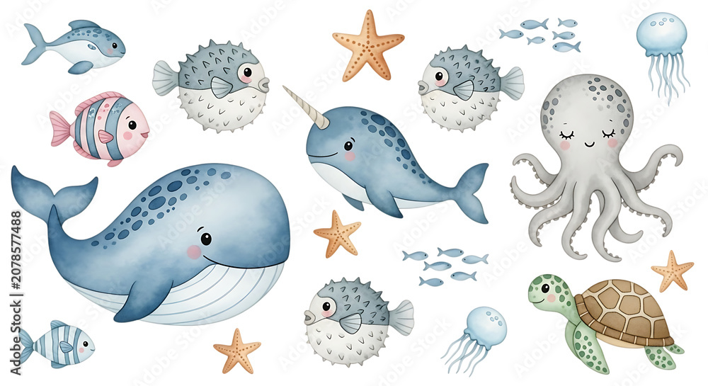 Fototapeta premium Cute watercolor sea animals collection featuring a whale narwhal octopus turtle and various fish for kids educational projects and nursery decor isolated on a transparent background