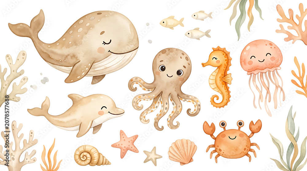 Fototapeta premium Hand drawn watercolor marine animals set featuring whale dolphin octopus seahorse jellyfish crab and shells for nautical themed isolated on a transparent background