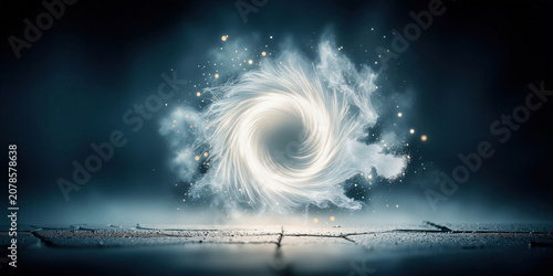 Luminescent spiral above shiny terrain functions as doorway to uncharted worlds for explorers