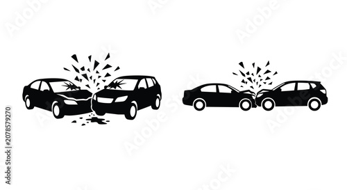 Tableau sur toile Two vehicle collision scenes depicted as black silhouettes with shattered glass