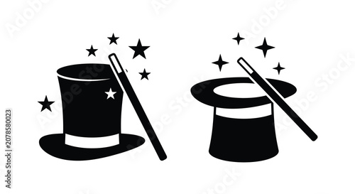 Fotografie Two black silhouette magic hats with wands and scattered stars on a white backgr