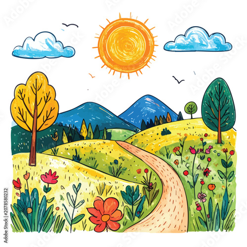 Hand drawn colorful landscape illustration with winding path and flowers.