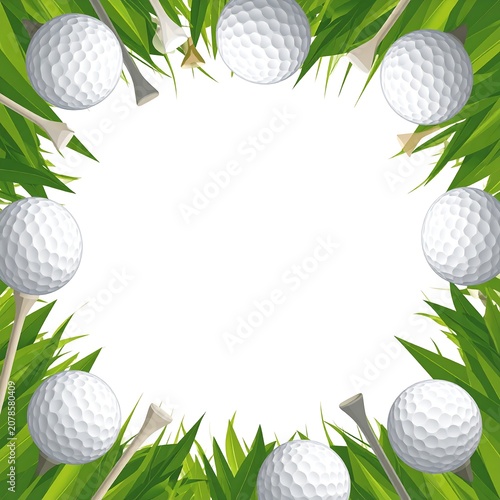 A white background surrounded by a border of golf balls and tees amidst green leaves