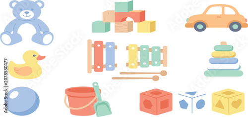 Φωτογραφία Cute pastel baby toys collection with teddy bear car blocks and xylophone vector