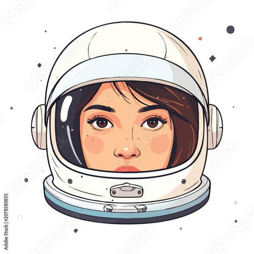 Close up portrait of a young woman wearing an astronaut helmet.