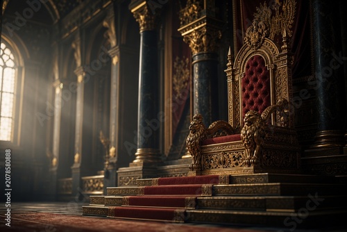 Ornate throne on steps in grand hall, dramatic window light.