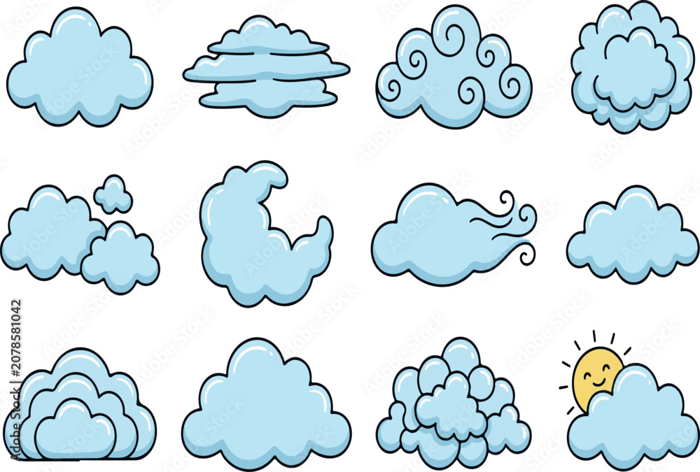 Fototapeta premium Collection Of Light Blue Cloud Illustrations With Varied Shapes