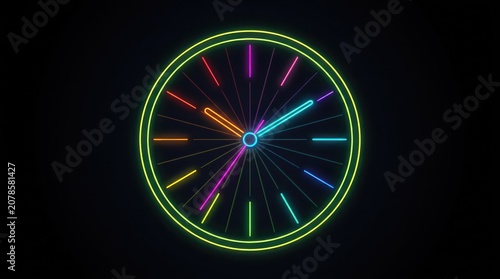 Detailed neon clock with colorful rotating segments on deep black professional background.