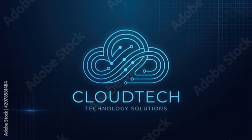 Glowing neon cloud technology solution logo design for future digital enterprise systems.