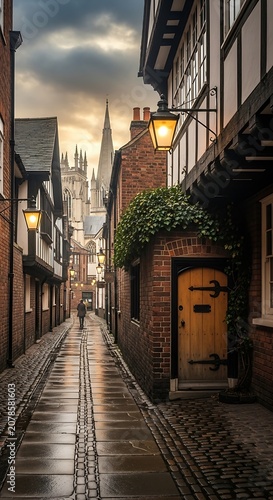 Charming Narrow Cobblestone Street in Historic Town at Sunset.