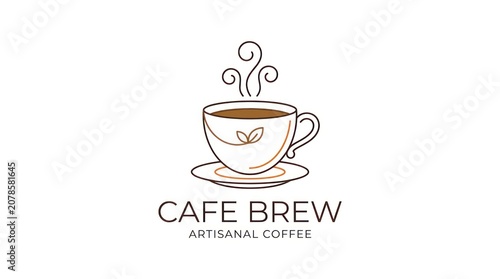 Artisanal coffee cafe logo featuring classic cup design with steam and leaf embellishment.
