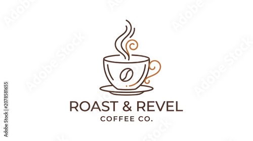 Minimalist coffee logo design with a steaming cup graphic and stylized bean icon centered.