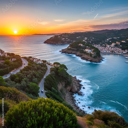 Scenic Coastal Sunset Over Bay with Hills and Village.