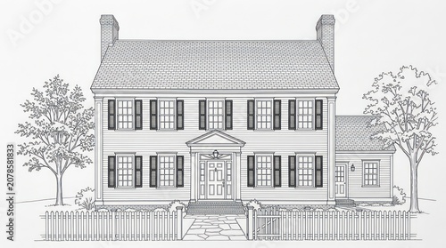 Classic colonial house architectural drawing with white siding and a picket fence exterior.