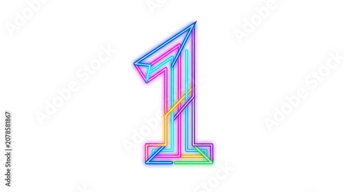 Neon style number one formed by glowing colorful lines on a clean white background design.