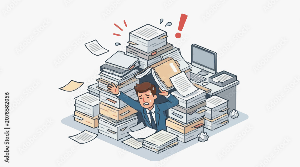 Fotografie Overwhelmed Worker Struggling with Paperwork.