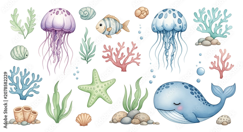 Fototapeta premium Cute cartoon underwater collection featuring whales jellyfish starfish coral and seashells for kids marine themed and educational projects isolated on a transparent background