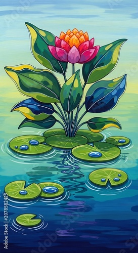 Colorful Lotus Flower Floating on Water Scene.