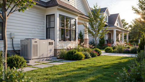 Modern outdoor air conditioner heat pump unit installed outside a suburban house on a sunny day
