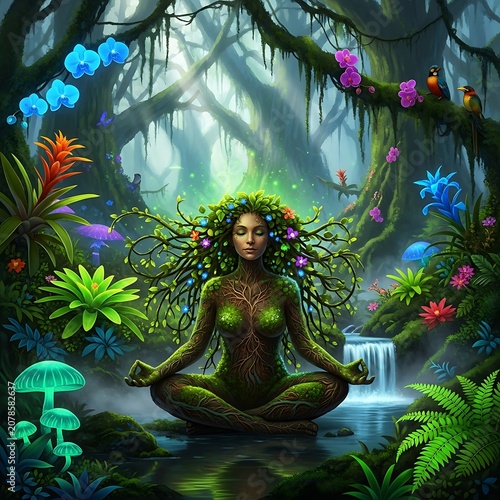 Meditative woman in enchanted botanical garden setting.