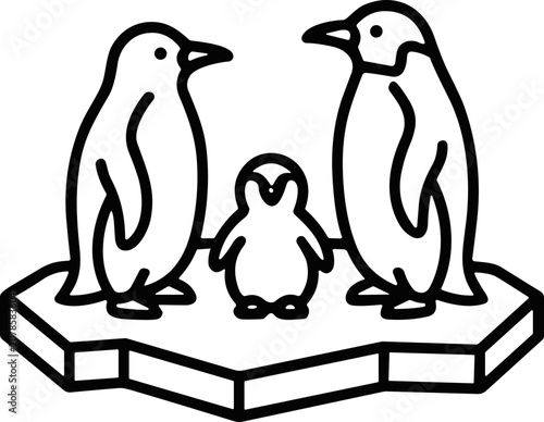 Konstfotografi Penguin Family on Ice Floe - Cute Cartoon Line Art