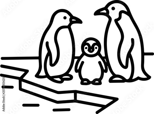 Canvastavla Penguin Family Outline Art: Parents and Chick on Ice Floe