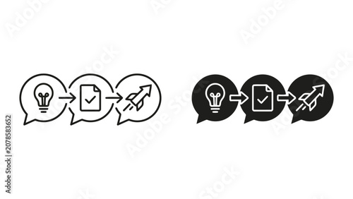 Business innovation process icons depicting idea to startup launch with business