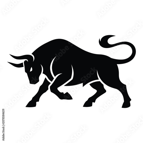Black bull with horns and tail running to the left side  strong animal icon