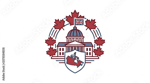 Canadian Government Building Emblem with Maple Leaves and Shield.