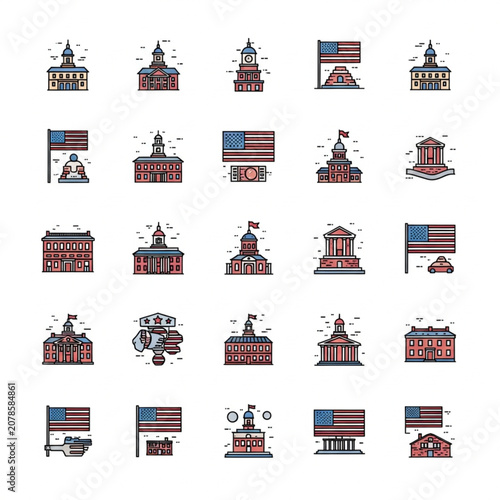 Collection of American Government Buildings and Flags in Pixel Art Style.