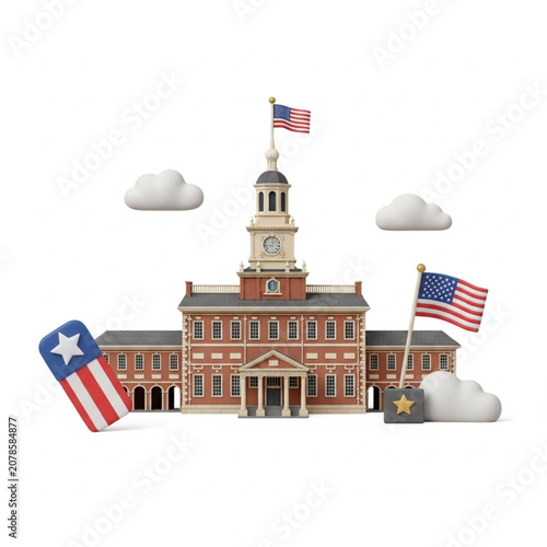 Independence Hall Building with American Flags and Clouds.