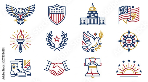 Collection of American patriotic symbols and icons.