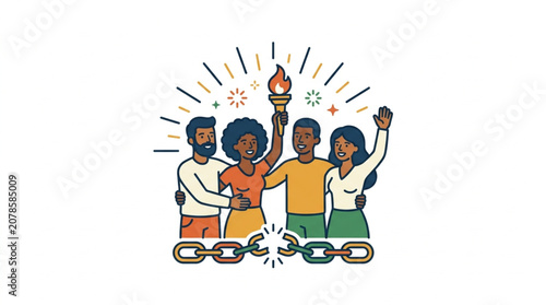 Diverse group of people holding torch of freedom breaking chains.