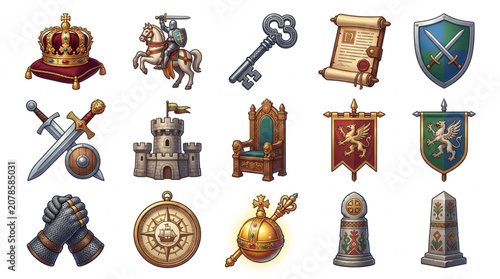 Medieval Fantasy Icons Set Royalty Crown Knight Castle Sword Shield.
