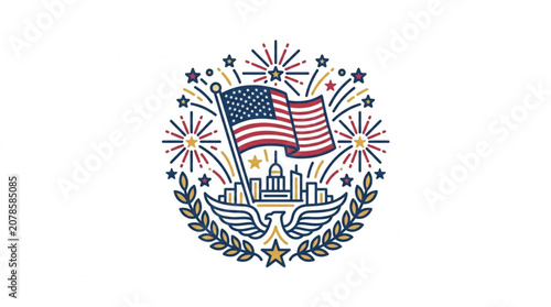 American flag and eagle emblem with fireworks and cityscape.