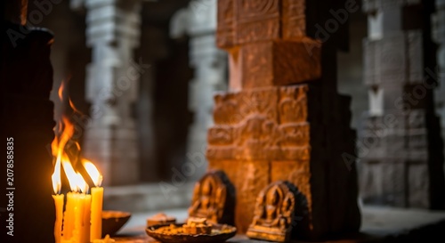 Ancient Stone Temple Interior with Ritual Offerings and Firelight.