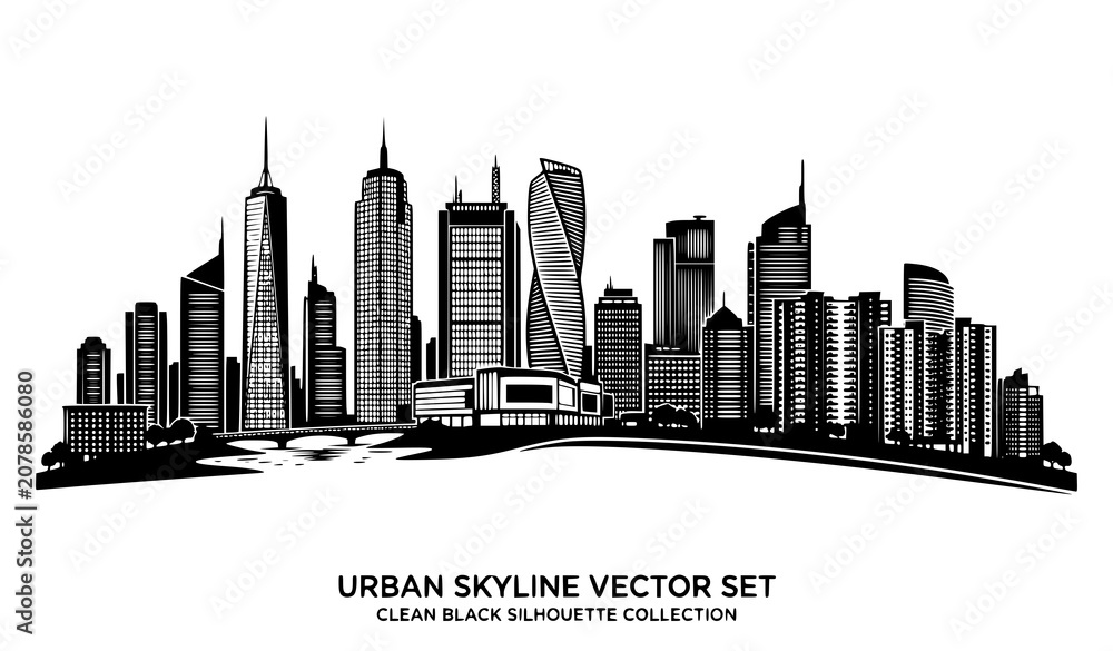 Fototapeta premium Urban skyline vector set with modern skyscrapers and metropolitan silhouette isolated on white