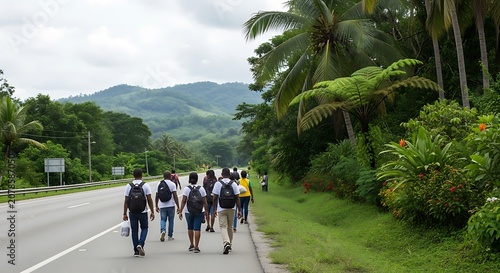 Group of People Walking Along Rural Road in Lush Green Environment.