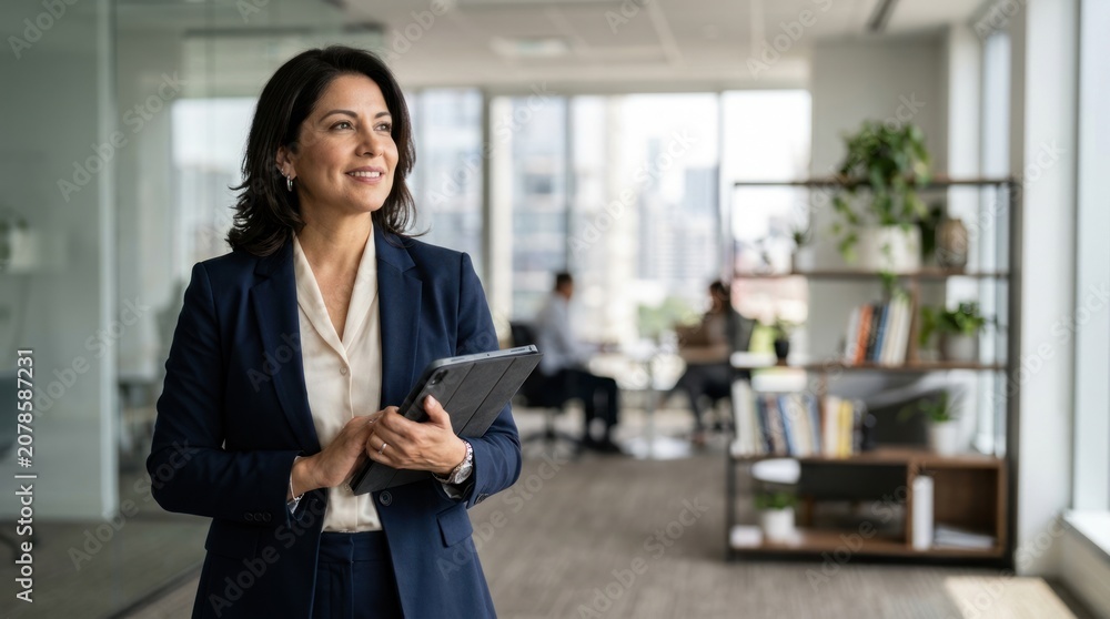 Obraz premium A confident businesswoman stands in a modern office, holding a tablet. She is smiling and looking towards the window, suggesting a thoughtful or strategic perspective.