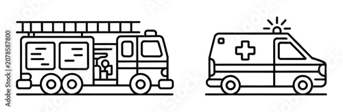 Fotografie Emergency vehicle icon collection, fire truck and ambulance symbols, first aid response graphics, fire station equipment, medical emergency services, rescue transportation, modern flat vector