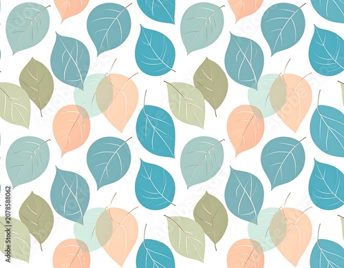 Colorful leaf pattern on white background with blue, green, and orange hues