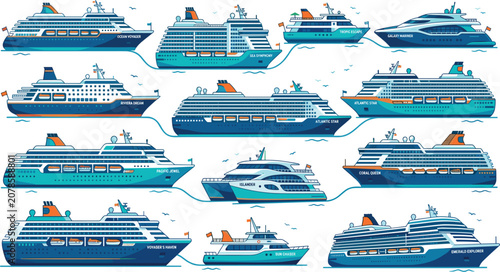 Quadro su tela Modern cruise ship vessel flat icon collection, various ocean liner boats isolat
