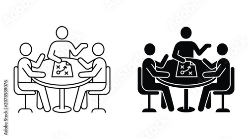 Corporate team strategic planning meeting line and solid icons with strategy