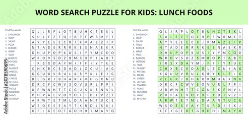 Word search puzzle for kids featuring lunch food items  