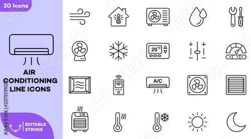Cuadro en lienzo Air conditioning and HVAC climate control line icon set