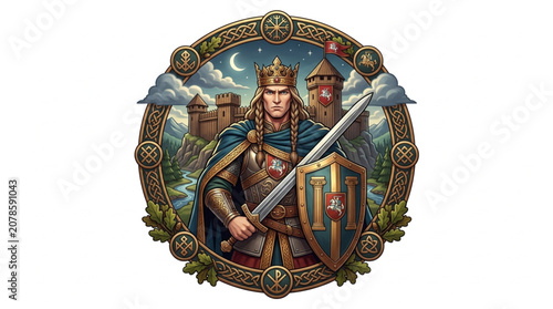 Photos Medieval King Warrior Holding Sword and Shield Regal Portrait.