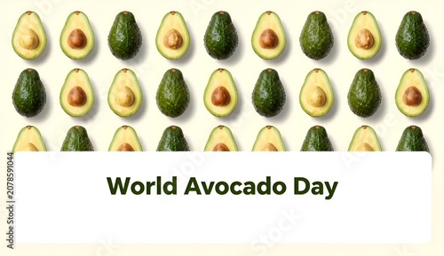 Elegant background pattern with multiple rows of fresh avocados and white copy space block