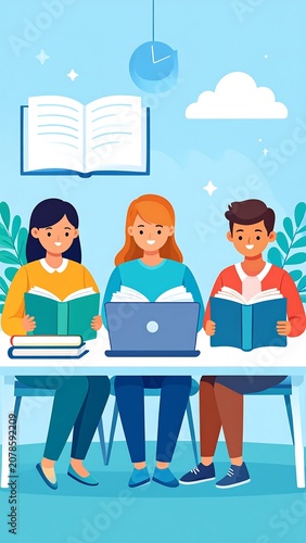 Three students sitting at a desk, studying with books and laptop